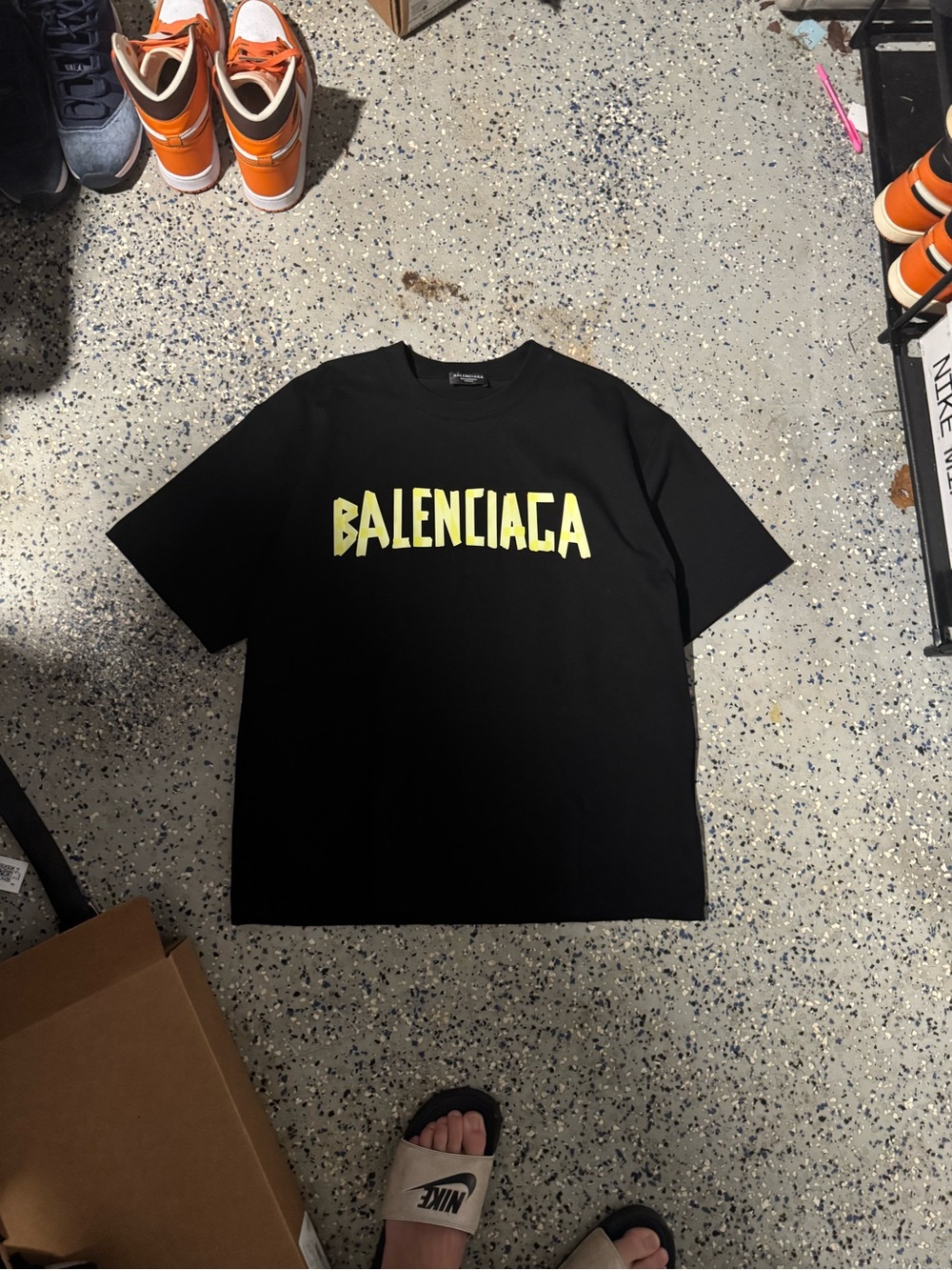 Balenciaga Black Short-Sleeve Tee with Yellow Logo